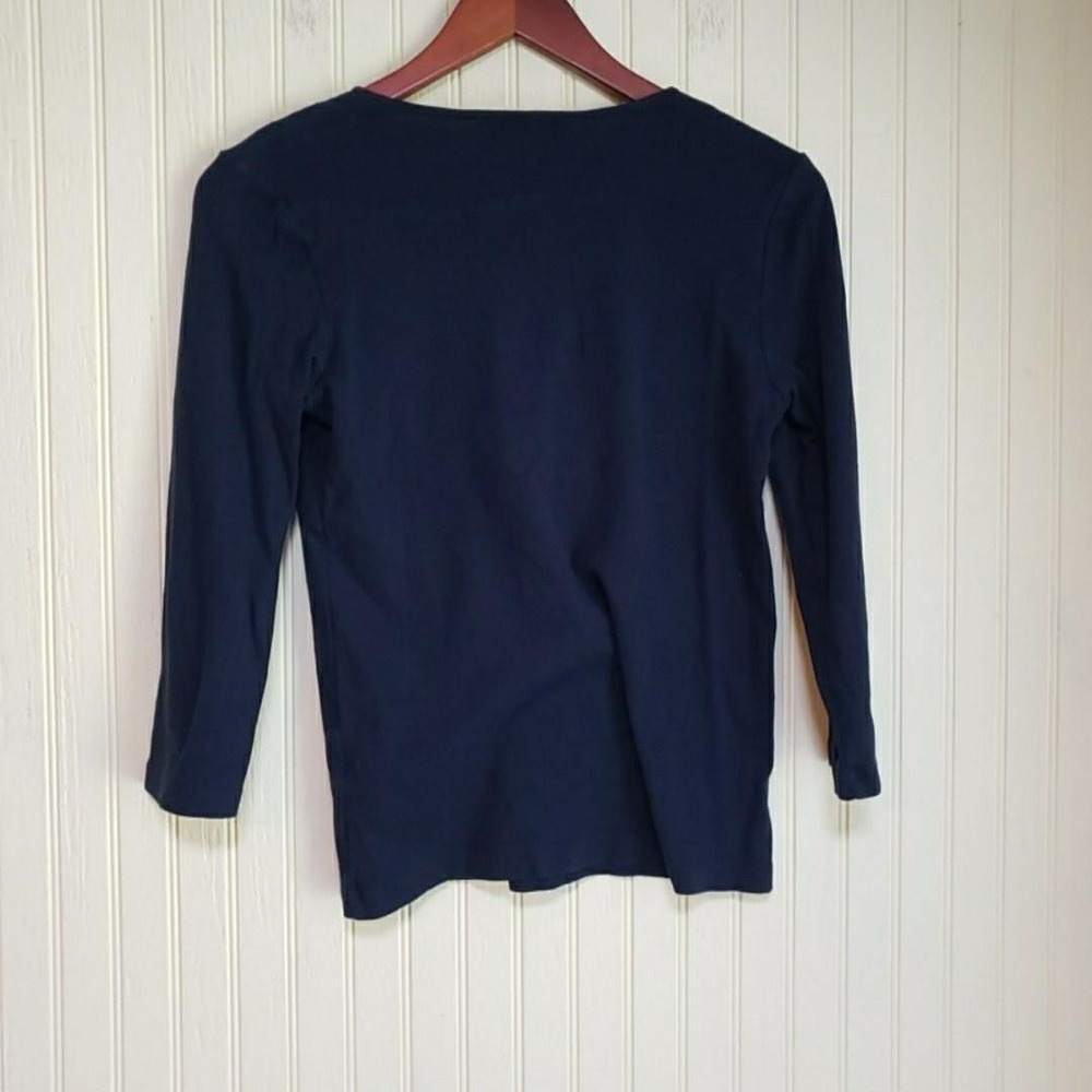 Jones New York Shirt Womens Small Blue V Neck 3/4 Sleeve Crochet Trim Jersey Top - Picture 3 of 7